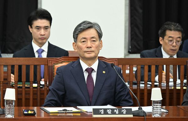 조지호 경찰청장이 31일 서울 여의도 국회 정보위원회에서 열린 경찰청에 대한 국정감사에 참석하고 있다[사진=연합뉴스]