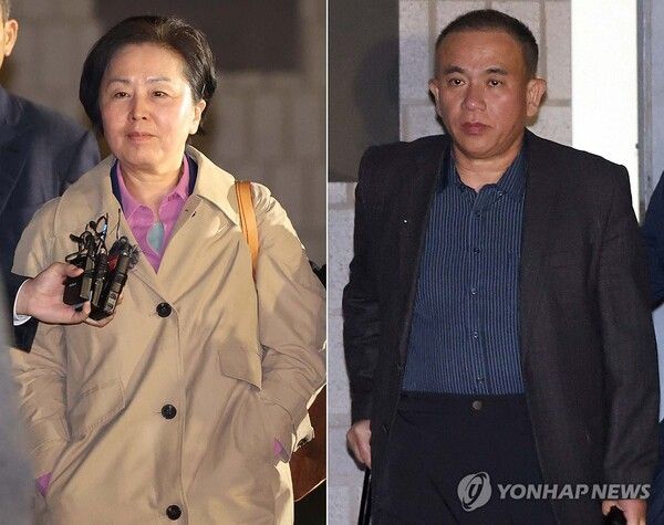 김건희 여사 공천 개입 의혹과 미래한국연구소의 불법 여론조사 의혹 등 사건의 핵심 인물인 국민의힘 김영선 전 의원과 명태균(오른쪽) 씨가 14일 오후 경남 창원시 성산구 창원지방법원(창원지법)에 구속 전 피의자 심문(영장실질심사)을 마치고 법원을 나서고 있다.[사진=연합뉴스]