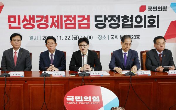 국민의힘 한동훈 대표가 22일 오후 서울 여의도 국회에서 열린 민생경제점검 당정협의회에서 발언하고 있다. [사진= 연합뉴스]