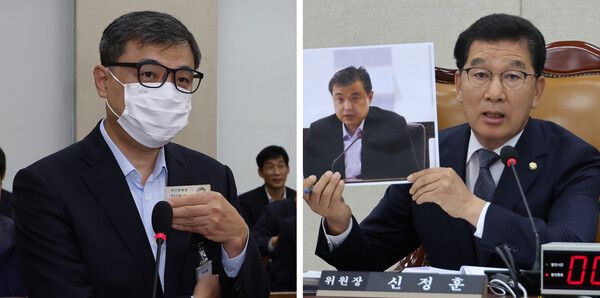 '얼굴 비공개'로 논란을 빚어온 진실·화해를 위한 과거사 정리위원회의 황인수 조사 1국장이 10월 10일 오전 서울 여의도 국회에서 열린 행정안전위원회의 국정감사에서 얼굴 공개 요구를 거부하며 주민등록증을 들어 보이고 있다(왼쪽 사진). 이에&nbsp;신정훈&nbsp;위원장이 인터넷 등에 공개된 황 국장의 사진을 들어 보이며 마스크를 벗지 않는 것은 국회를 무시하는 태도라고 지적하고 있다(오른쪽 사진).[사진=연합뉴스]
