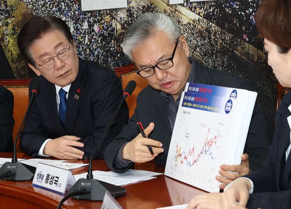 더불어민주당 이재명 대표(왼쪽)가 11일 오전 서울 여의도 국회에서 열린 비상경제점검회의에서 자료를 보고 있다. [사진= 연합뉴스]