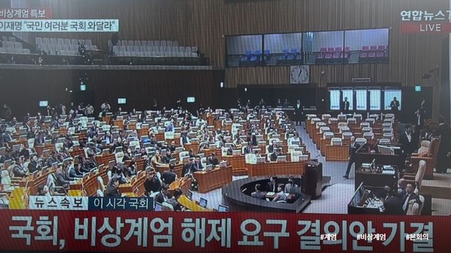 국회가 12월4일 비상계엄 해제 요구 결의안이 만장일치 찬성으로 가결됐다. 이로써 윤 대통령의 비상계엄 선포는 무효됐다. [사진=연합뉴스]