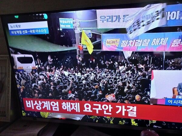 비상계엄 해제 요구안 가결 소식에 국회앞 대중이던 시민들이 환호하고 있다[사진=정하룡]