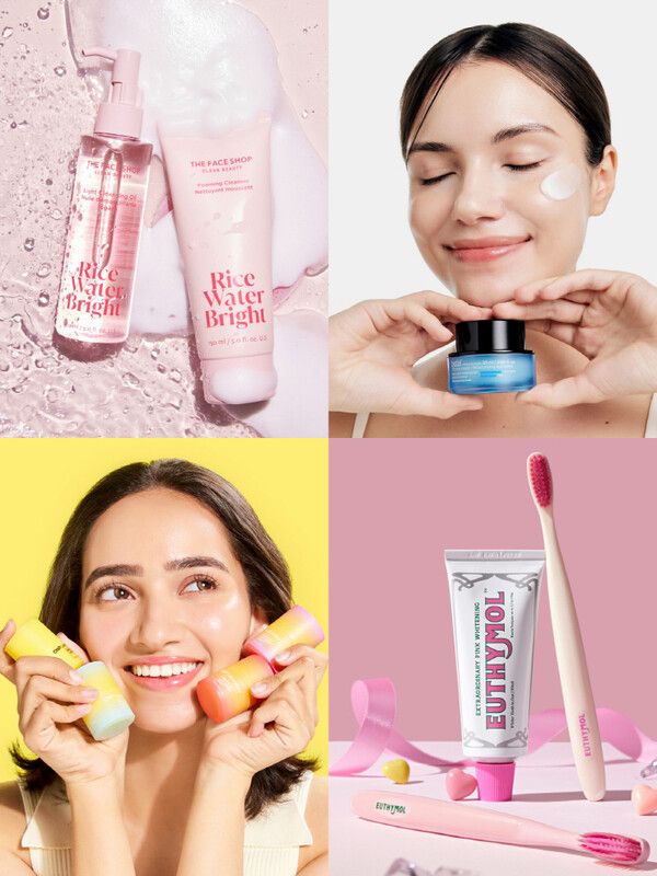 시계 방향으로 1) 더페이스샵 미감수 브라이트 페이셜 클렌징 폼 & 미감수 브라이트 라이트 페이셜 클렌징 오일 2) 빌리프 모이스춰라이징 아이 밤 3) 유시몰 화이트닝 치약 4) CNP 프로폴리스 립세린 [사진=LG생활건강]