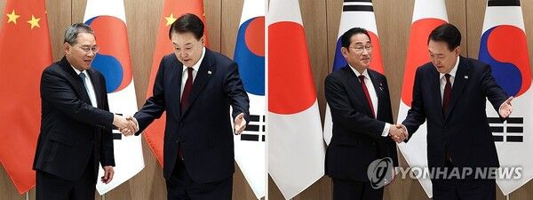 윤석열 대통령이 26일 한중일 정상회의 참석차 방한한 리창 중국 국무원 총리와 기시다 후미오 일본 총리와 연쇄 양자회담을 가졌다 [사진=연합뉴스]
