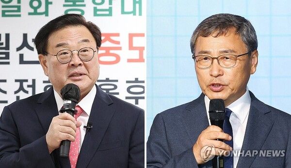 10월 16일 서울시교육감 보궐선거에 중도우파 단일 후보로 추대된 조전혁 전 한나라당 의원(왼쪽)과 진보진영 단일화 후보로 확정된 정근식 서울대 명예교수가 25일 각각 여의도 산림비전센터과 마포구 가온스테이지에서 단일화 후보로 확정된 뒤 소감을 말하고 있다. [사진=연합뉴스]