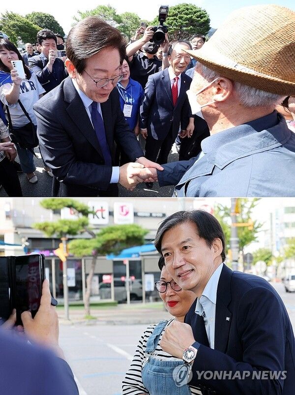 10·16 전남 영광·곡성군수 재선거를 앞두고 야당 대표들이 총출동했다. 사진은 이날 곡성군민회관·영광군 한 교차로 앞에서 각각 시민들과 이야기를 나누는 더불어민주당 이재명 대표(위)와 조국혁신당 조국 대표(아래) 모습. [사진=연합뉴스]