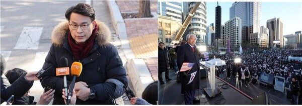 윤석열 대통령이 구속된 19일 새벽 윤 대통령 지지자들이 구속영장을 발부한 서부지법을 습격한 가운데 윤상현 국민의힘 의원(왼)과&nbsp; 전광훈 사랑제일교회 목사(오)의&nbsp;언행이 불법‧폭력 시위를 부추기고 있다는 비판이 이어지고 있다. [사진=연합뉴스]&nbsp;&nbsp;