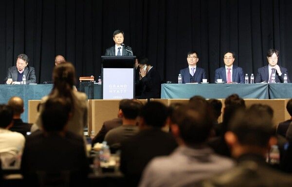 박기덕 고려아연 사장이 23일 오후 서울 용산구 그랜드 하얏트에서 열린 를 주재하고 있다. [사진=공동취재]