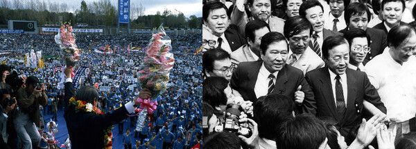 1987년 6.10 민주항쟁은 민주법치국가로의 전환을 알리며 한국 민주주의 발전에 새로운 지평을 열었다. 국민들의 민주화 열망과 직선제 개헌요구를 받아들여&nbsp;6·29선언이 발표되며 한국 정치는 민주주의로 가는 첫 걸음을 내딛었다. 사진은 제13대 대통령 선거를 앞두고 유세하는 민주정의당 노태우 후보(왼쪽)와 87년 6월 항쟁의 승리로 석방돼 행진하는 김대중, 김영삼 두 야당 총재. 2017.10.24 [사진=연합뉴스]&nbsp;