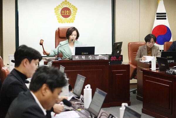 지난해 4월 서울 중구&nbsp;서울시의회&nbsp;위원회관에서 열린 문화체육관광위원회 행정 사무감사에서&nbsp;김경&nbsp;서울시의회&nbsp;문화체육관광위원회 위원장이 의사봉을 두드리고 있다. 김경 시의원은 종교단체 신도 동원 의혹이 제기되자 당을 탈당했다. [사진=연합뉴스]