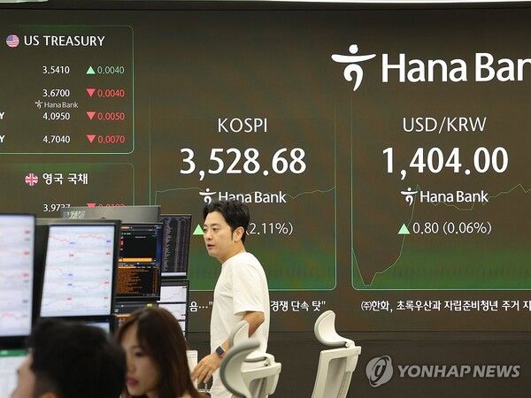 [사진=코스피가 장중 3,500선을 돌파한 2일 서울 중구 하나은행 딜링룸에서 딜러들이 모니터를 주시하고 있다. (연합뉴스 제공)]