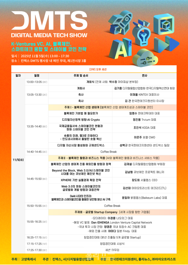 디지털융합산업협회는 다음달 5일, 킨텍스에서 폴리뉴스의 후원으로 DMTS 2025를 개최해 AI·블록체인·스마트테크 융합과 원화 스테이블코인 전략에 대해 논의할 예정이라고 밝혔다.[사진=디지털융합산업협회]