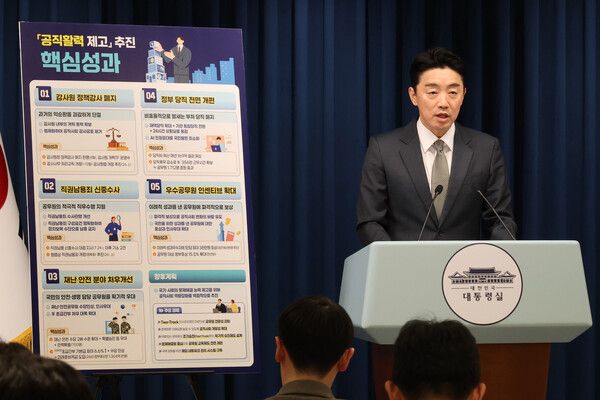 강훈식&nbsp;대통령비서실장이 12일 서울 용산 대통령실 기자회견장에서 공직 활력 제고 추진 성과 및 공직 역량 강화 향후 계획 브리핑을 하고 있다. [사진=연합뉴스]