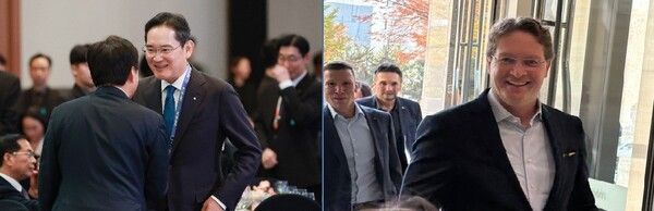 이재용 삼성전자 회장(왼쪽)과&nbsp;메르세데스-벤츠 칼레니우스 회장(오른쪽) [사진=연합뉴스]