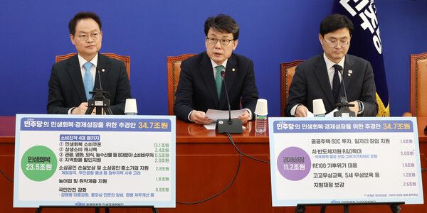 더불어민주당 진성준 정책위의장이 13일 서울 여의도 국회에서 열린&nbsp;추경&nbsp;관련 기자간담회에서 세부 내용을 설명하고 있다.&nbsp;왼쪽부터 허영 예산결산조정위원장, 진성준 정책위의장, 이정문 수석부의장. [사진=연합뉴스]