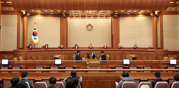 27일 서울 종로구 헌법재판소에서 최상목 대통령 권한대행 부총리 겸 기획재정부 장관이 마은혁 헌법재판소 재판관 후보자를 임명하지 않은 것이 위헌인지 여부에 대한 권한쟁의심판 사건이 열리고 있다. 2025.2.27 [공동취재] [사진=연합뉴스]