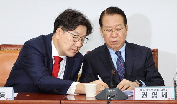 국민의힘&nbsp;권영세&nbsp;비상대책위원장(오른쪽)과 권성동 원내대표가 3일 국회에서 열린 비상대책위원 회의에서 대화하고 있다. [사진=연합뉴스]