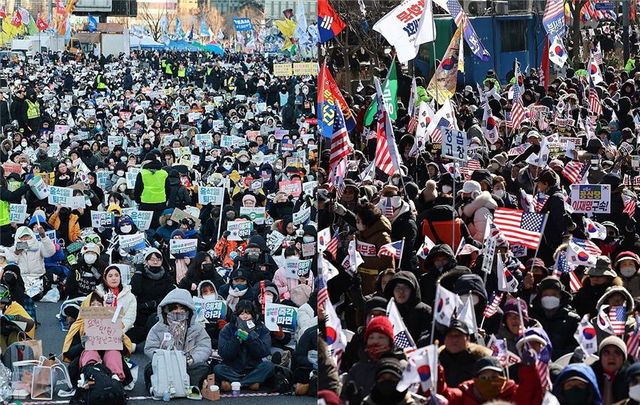 강추위가 이어진 지난 8일 주말 전국 곳곳에서 윤석열 대통령 탄핵 찬성·반대 집회가 열렸다. (왼)&nbsp;&nbsp;8일 서울 종로구 경복궁역 일대에서 열린 윤석열 대통령 즉각 퇴진 사회대개혁 비상행동 주최 10차 범시민대행진&nbsp;집회에서 참가자들이 구호를 외치고 있다. (오)&nbsp;8일 서울&nbsp;광화문광장에서 열린 에서 참가자들이 구호를 외치고 있다. 2025.2.8 [사진=연합뉴스]