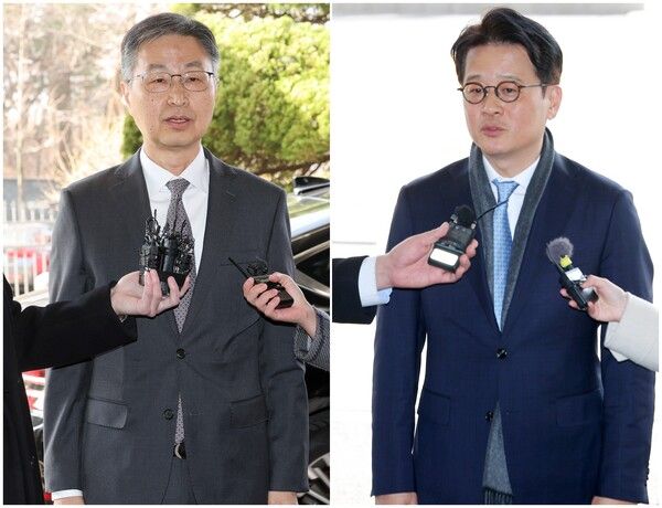 &nbsp;헌법재판소가 최재해 감사원장과 이창수 서울중앙지검장에 대한 국회의 탄핵소추를 기각한 13일 오전 최 감사원장(왼쪽)이 종로구 감사원으로, 같은 날 오후 이 중앙지검장이 서초구 서울중앙지검으로 각각 출근을 하며 입장을 말하고 있다. [사진=연합뉴스]