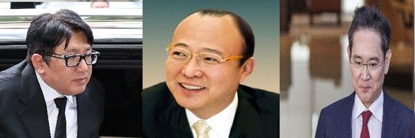 좌측부터 방시혁 하이브 의장, 김승연 한화그룹 회장, 이재용 삼성전자 회장 [사진=연합뉴스]