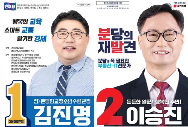 성남6선거구(분당갑) 경기도의원으로 출마하는 더불어민주당 기호1번 김진명 후보, 국민의힘 기호2번 이승진 후보 선거홍보물 [출처=중앙선관위 4.2재보선 홈페이지]