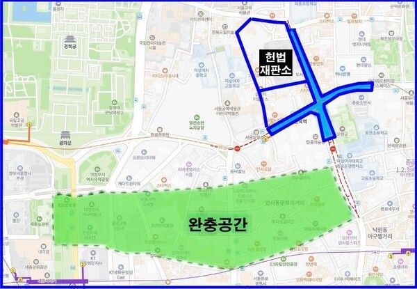 헌재 '진공상태' 구역 및 탄핵 찬반 집회 완충공간. [출처=연합뉴스]