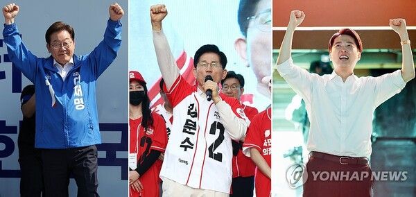 제21대 대통령 선거 공식 선거운동 첫날인 12일 이재명(왼쪽부터)·김문수·이준석 대선후보가 선거운동을 하고 있다. [사진=연합뉴스]