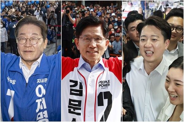 지난 14일 거제에서 지지자들에게 인사하는 이재명 후보(왼쪽부터), 밀양 찾아 유세하는 김문수 후보, 부산 자갈치시장에서 시민들 만나는 이준석 후보.[사진=연합뉴스]