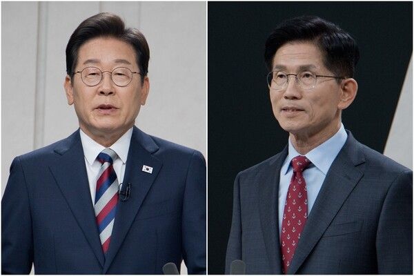 더불어민주당 이재명(왼쪽)·국민의힘 김문수 대선 후보가 27일 서울 마포구 상암동 MBC 스튜디오에서 진행된 정치 분야 TV토론회를 준비하고 있다. [사진=연합뉴스]