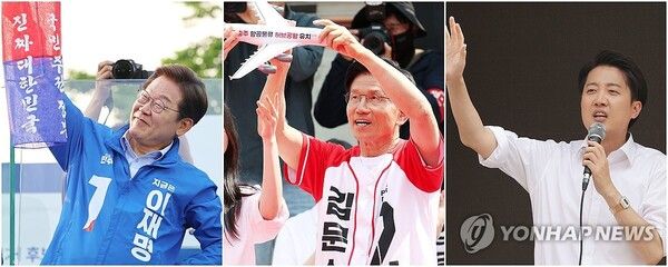 제21대 대통령 선거 사전투표 이틀째인 30일 더불어민주당 이재명 대선후보(사진 왼쪽부터)가 충북 충주시 충주체육관 시계탑광장에서 열린 유세에서, 국민의힘 김문수 대선후보가 충북 충주시 젊음의 거리에서 열린 유세에서, 개혁신당 이준석 대선후보가 서울 동작구 중앙대학교 인근에서 열린 유세에서 지지를 호소하고 있다. [사진=연합뉴스]