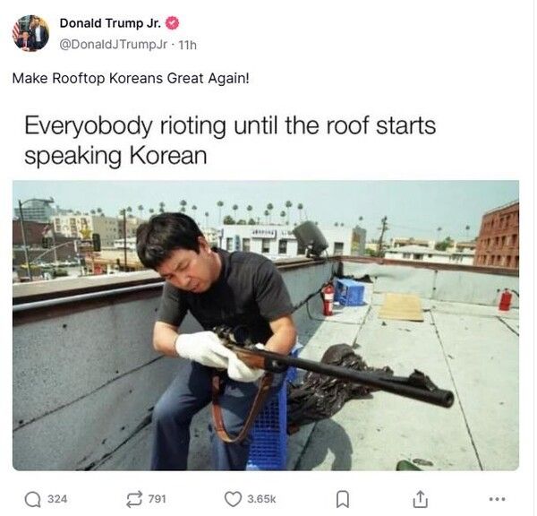 트럼프 주니어가 올린 '루프탑 코리안을 다시 위대하게' 글과 사진 [사진=
