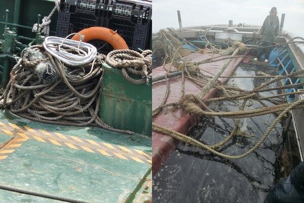 안마해상풍력 해상풍력발전 단지구역에서 어구가 산소용접기로 절단되고(좌측), 어구엉킴 현상으로 사용할 수 없는 상태(우측)로 발견됐다. 〈사진제공 : 뻗침대자망어업인회〉