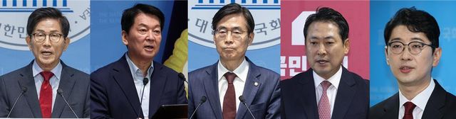 오는 8.22 국민의힘 전당대회에 최종 후보 등록한 김문수, 안철수, 조경태, 장동혁, 주진우 당대표 후보.(왼쪽부터) ]사진=연합뉴스]