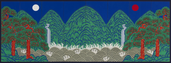 '왕의 상징', '왕의 그림'으로 여겨져 온 전통 관화(官畵)인 일월오봉도는 청와대 소장품으로서 청와대 국무회의장에 설치되거나 역대 대통령 행사에 꾸준히 사용돼 왔던 작품이다. 윤석열 전 대통령 취임 직후 용산 대통령실로 옮겨졌으나 이번 행사에 가져가 사용함으로써 3년여 만에 원래의 자리인 청와대에 놓이게 된다. [사진=대통령실 제공]