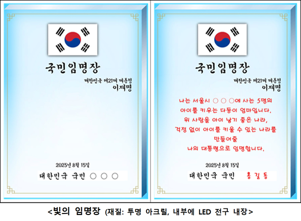 국민임명식에서 국민대표 80인이 사전 인쇄된 기본 틀에 직접 펜으로 임명장을 작성하고 서명하게 된다. [사진=대통령실 제공]