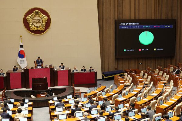 지난 5일&nbsp;국회&nbsp;본회의에서 방송법 일부개정법률안이 통과되고 있다.[사진=연합뉴스]