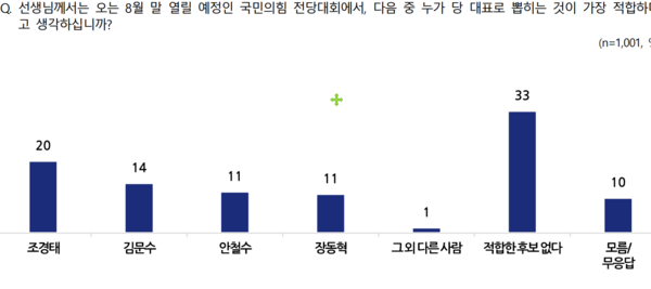 전체 응답자를 대상으로 조사한 결과에선 조경태 후보 20로 1위이고, 김문수 후보 14%, 안철수·장동혁 후보 11% 순이었다. 적합한 후보가 없다는 응답이 무려 33%에 달했다. [그래프=NBS]