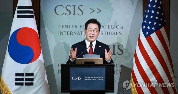 미국 현지 25일 워싱턴DC 소제 CSIS 연설하는 이재명 대통령 [사진=연합뉴스]