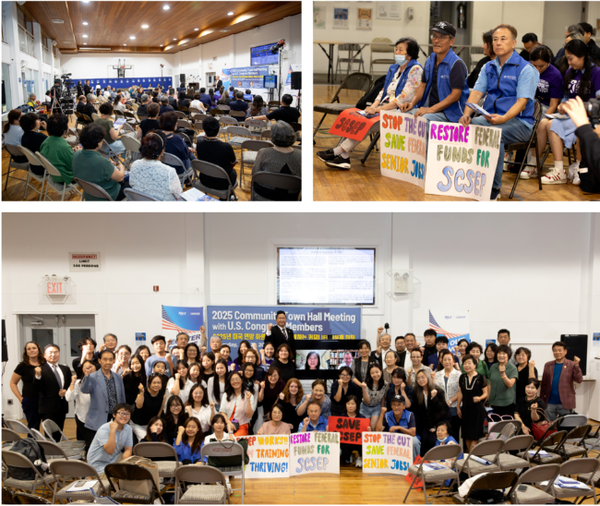 지난 7월 말 이민자보호교회네트워크와 뉴욕한인회 등 한인시민단체들이 트럼프 행정부의 이민자 단속·복지예산 삭감 등에 맞서 톰 수오지 연방하원의원과 그레이스 맹 연방하원의원을 상대로 2025년 뉴욕 커뮤니티 타운홀 미팅 때 모습[사진 제공=시민참여센터]