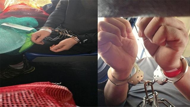 미국 이민단속국에 수갑과 쇠사슬을 차고 체포되어 끌려간 한국인 근로자들. [사진=구금일지 작성자 A씨 제공]