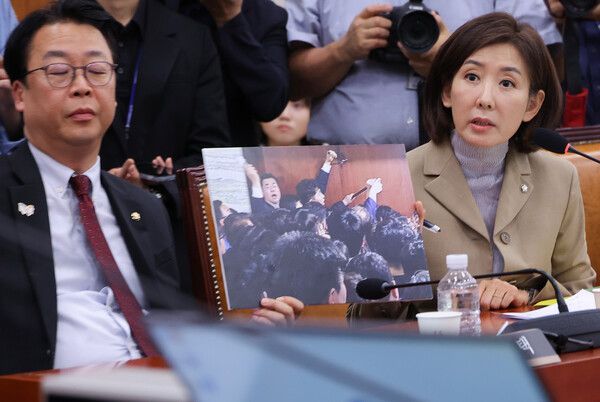 16일 서울 여의도 국회에서 열린 법제사법위원회 전체회의에서 국민의힘&nbsp;나경원&nbsp;의원이 국회 패스트트랙(신속처리안건) 충돌 사건 당시 더불어민주당 박찬대 의원이 담긴 사진을 들어 보이고 있다. [사진=연합뉴스]