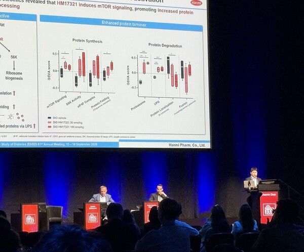 한미약품 R&D센터 전해민 임상이행팀장(상무) 비만 신약 HM17321구연 발표 [사진=한미약품]