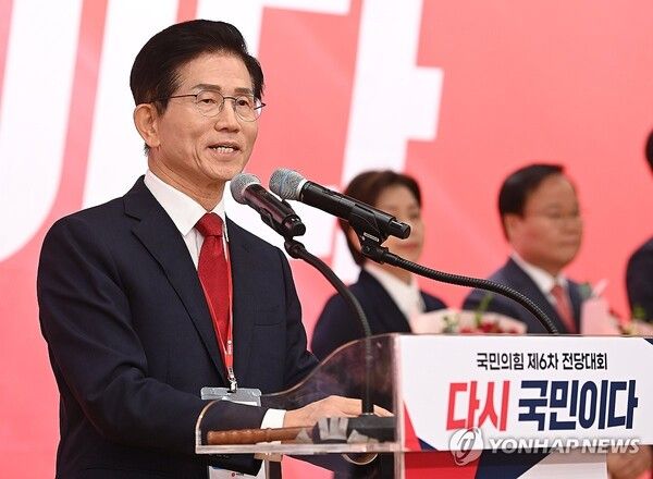 8.22 국민의힘 전당대회에서 김문수 당대표 후보가 발언하고 있다. [사진=연합뉴스]