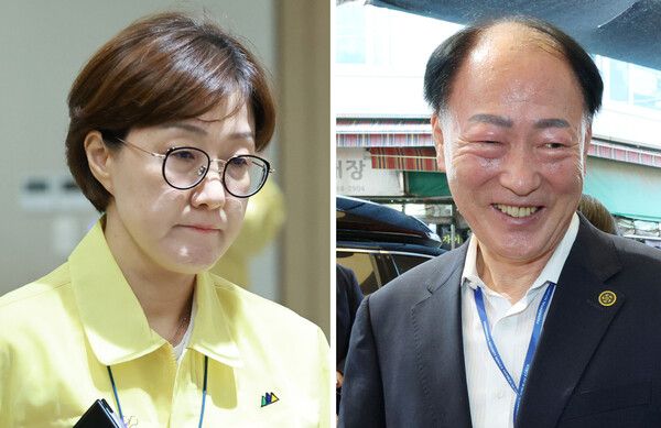 이재명 대통령은&nbsp;김현지&nbsp;총무비서관(왼쪽)을 제1부속실장으로, 윤기천 제2부속실장을 총무비서관으로 옮기는 내용이 포함된 대통령실 인사 및 조직 개편을 단행했다고 대통령실이 29일 밝혔다. [사진=연합뉴스]