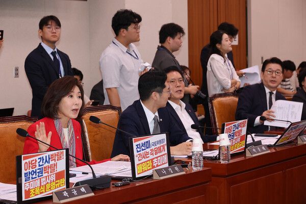 &nbsp;4일 서울 여의도 국회에서 열린 법제사법위원회 전체회의에서 국민의힘&nbsp;나경원&nbsp;의원이 발언을 요청하고 있다. [사진=연합뉴스]
