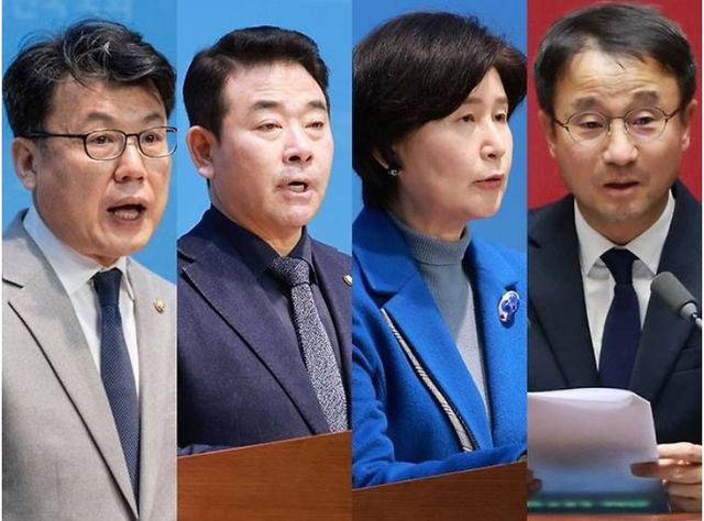 김병기 전 원내대표가 '특혜,비위' 의혹 등으로 원내대표직을 사퇴하면서 더불어민주당 원내대표 경선이 오는 1월11일 최고위원 경선과 동시에 치러진다. 원내대표 경선에 출마한 진성준, 박정, 백혜련, 한병도 의원.(왼쪽부터) [사진=연합뉴스]