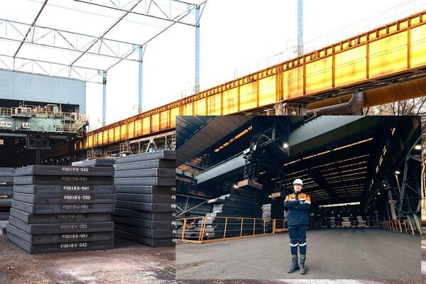 포항제철소 야드에 적치된 슬라브 모습(작은 사진은&nbsp;슬라브 야드 스마트 기술을 개발한 제강부 조재성 대리) / 사진=포스코