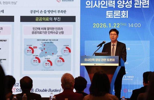 22일 서울 중구에서 열린 의사 인력 양성 토론회에서 신현웅 한국보건사회연구원 보건의료정책연구실장이 발표하고 있다. [사진=연합뉴스]