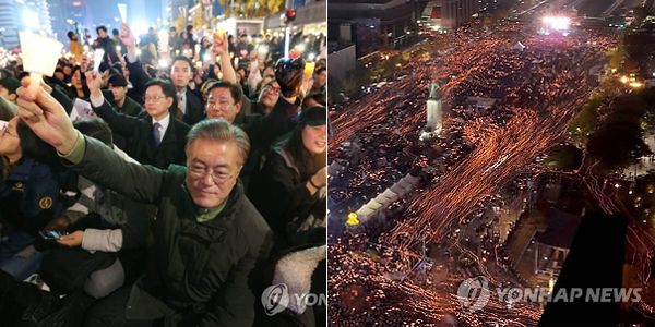 2016년 11월 12일 서울 광화문광장에서 시청 앞 광장을 가득 메운 시민들이 박근혜 대통령 퇴진을 촉구하며 촛불을 밝히고 있다. 같은 날 문재인 당시 더불어민주당 전 대표도 박근혜 대통령 퇴진 요구 민중총궐기 촛불집회에 참가해 촛불을 들었다. [사진=연합뉴스]